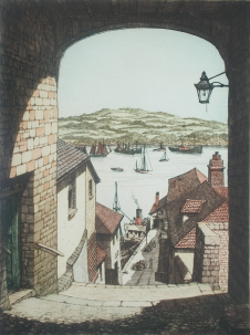Picture of Stant, J.Lewis (working 1931-1955): Barrack Quay, Falmouth, signed, coloured etching, 30 x 22.5 cms.. FAMAG 1000.37