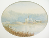 Leslie, R.C. Lt RN (working 1880-1894): An old mine, Swanpool, Falmouth, signed and dated 1894, watercolour, 25 x 43.5 cms (oval).