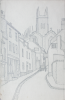 Martin, William A. (1899-1988): Street scene with carriage and church tower, pencil, 18 x 31 cms. Presented by Moss, Ruth. Bequest.