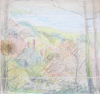 Martin, William A. (1899-1988): A coastal scene with distant castle, pastels, 13 x 13.9 cms. Presented by Moss, Ruth. Bequest.