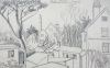 Martin, William A. (1899-1988): House scene with tall trees, dated 1973, pencil, 14 x 22.9 cms. Presented by Moss, Ruth. Bequest.