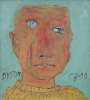 Dyson, Julian (1936-2003): Self portrait - after being diagnosed with throat cancer, signed and dated 2000, acrylic, 31.2 x 28 cms. Presented by Derek Holman, H.Tiddy & Sons, Estate Agents, St 
 Mawes.