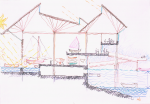 Long, M.J.(1939-2018) : Architect's original drawing for the National Maritime Museum Cornwall, signed, pencil and crayon, 20.8 x 29.8 cms. Presented by M.J.Long 2002.
