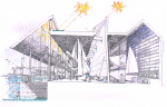 Long, M.J.(1939-2018) : Architect's original drawing for the National Maritime Museum Cornwall, signed, computer laser print with additional colour crayon, 20.9 x 29.8 cms. Presented by M.J.Long 2002.