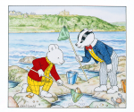 Harrold, John (born 1947): Rupert and the rock pool, signed, watercolour and ink, 13.8 x 15.4cms. Rupert Bear courtesy of Classic Media Distribution Limited.