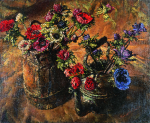 Newton, Kenneth (1933-1984): Anemones, copper kettle & milk pail, 1977, signed, oil on canvas, 68.6 x 83.8 cms. The Richard Harris Gift.
