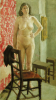 Newton, Kenneth (1933-1984): Study of a nude by a chair - a student work, oil on hardboard, 71 x 40.5 cms. The Richard Harris Gift.