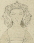 Williams, Marjorie (nee Murray 1880-1961): Portrait of a lady from a mediaeval design, watercolour and pencil, 23.7 x 16.3 cms. Presented by Dr Mariella Fischer-Williams.