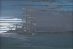Bickford, Michael (born 1939): Home waters - His Majesty's survey ship Beagle anchored in Falmouth Harbour, dawn 3 October 1836, signed, oil on canvas, 54 x 77 cms. Painted and presented by the artist in 2009 as part of the Darwin 200 celebrations.