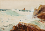 Carter, Richard Harry (Henry) (1839-1911): The wind freshening, North Rocks, Sennen, signed, watercolour on pasteboard, 27 x 38.5 cms.