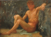 Tuke, Henry Scott, RA RWS (1858-1929): Bather Seated, oil on panel, 26.5 x 35 cms. RCPS Tuke Collection. Loan.