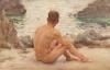 Tuke, Henry Scott, RA RWS (1858-1929): Charlie seated on the Sand, signed and dated 1907, watercolour, 14 x 21.5 cms. RCPS Tuke Collection. Loan.