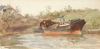 Tuke, Henry Scott, RA RWS (1858-1929): Hulk in Sailor's Creek (PKA Sketch at Lastingham), signed, Inscribed on old mount, watercolour, 17.7 x 36.2 cms. RCPS Tuke Collection. Loan.