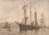 Tuke, Henry Scott, RA RWS (1858-1929): Topsail Schooner, signed and dated, inscribed Watercolour sketch of a tall ship on the reverse - more could be revealed cleaning., watercolour, 25.3 x 35.5 cms. RCPS Tuke Collection. Loan.