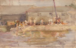 Tuke, Henry Scott, RA RWS (1858-1929): Quay Scamps, signed and dated 1896, watercolour, 13.7 x 21.4 cms. RCPS Tuke Collection. Loan.