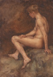 Tuke, Henry Scott, RA RWS (1858-1929): Nude Seated in a Cave, signed and dated 1909, watercolour, 26.3 x 18 cms. RCPS Tuke Collection. Loan.