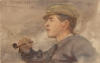 Tuke, Henry Scott, RA RWS (1858-1929): Portrait of a Young Man with a Cap and Pipe, signed and dated 1899, watercolour, 13.7 x 21.5 cms. RCPS Tuke Collection. Loan.