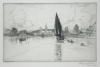 Goolden, Fred W. (fl.1908-1918): Truro Cathedral from the river, signed and dated 1916, inscribed signed and dated on plate and signed in pencil, etching, 13.7 x 21 cms.