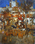 Brangwyn, Sir Frank RA RWS HRSA PRBA ROI RSW HRMS (1867-1956): Funchal, Madeira, signed and dated 1891, signed with initials, inscribed 'Funchal' and dated 1891, oil on panel, 61 x 50.5 cms. Presented to the Corporation of Falmouth by Alfred A. de Pass, in memory of his sons. © Estate of the artist. All rights reserved 2011 / Bridgeman Art Library.