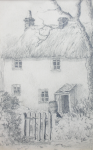 Martin, William A. (1899-1988): Thatched cottage with gate, pencil, 11.3 x 17.5 cms. Presented by Moss, Ruth. Bequest.