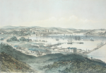 Unknown artist: Falmouth Docks, Railway Station etc from the Hornwork, Pendennis Castle, publisher: Tregoning, E.S., lithographer: Newman and Co, tinted lithograph, 29 x 39 cms. Lent by Cornwall Heritage Trust. Loan.