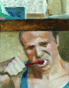Hold, Ashley, (born 1964): Self portrait - brushing my teeth, oil on board, 11.5 x 9 cms. Presented in memory of William Lennox Hold by Balme, Kitchen and Pearce in 2004.