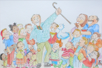 Fuller, Claire (born 1971): The Strange man runs out of things to say about the paintings, inscribed 'The children were given a guided tour by a strange man with a stick', watercolour, 25.5 x 35.5 cm. Presented by John F. and Valentine Tonkin.