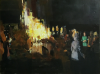 Doran, Jon: Communal fire scene, signed and dated 2014, oil on board, 61 x 81.2 cms.