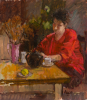 Algar, Patricia (1939-2013): Alice in red, signed, oil on board, 26.6 x 23.3 cms. Presented by Alice Carr on behalf of Patricia Algar Ltd.