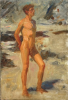 Tuke, Henry Scott, RA RWS (1858-1929): Boy on beach, oil on canvas, 44.5 x 30 cms. RCPS Tuke Collection. Loan.