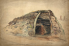 Hemy, Charles Napier RA RWS (1841-1917): Study of a shelter on a hill, inscribed Hill on the cliff above the frow rock. It's not built of stone, but of turf. The area of stone is a few on the top. Height overall 6 feet., Pencil, watercolour and gouache on paper, 38.2 x 55 cms. Presented by Quinn, Priscilla.